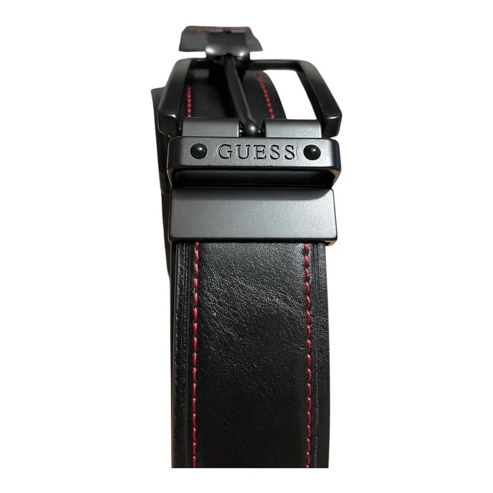 Guess Mens Genuine Leather Belt Black Red Contrast Stitch Matte Buckle New